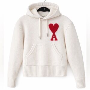 AMI Paris Off-White Heavy Knit Heart Sweater Hoodie Size S